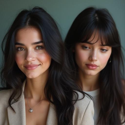 Two women in their 20s. One woman radiating energy and smiling. The other woman appears tired and bored. Both have black hair and brown eyes. Focus on their faces.