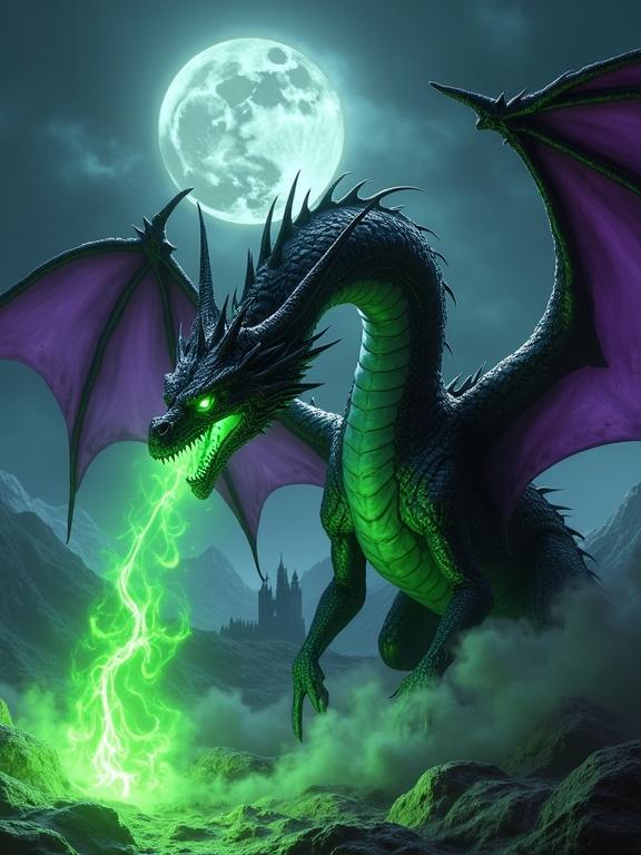 Realistic depiction of a dark dragon. Night scene with a full moon. Large horns and bat-like wings. Black scales with purple details. Green underbelly and glowing neon-green eyes. Imposing posture, mouth open, spitting glowing green fire. Surrounded by dark clouds and green smoke. Background has a dark castle and mountains.