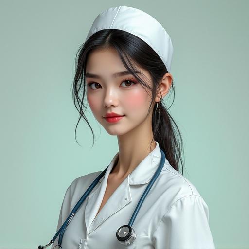 Concept art of a nurse with a stethoscope and medical attire. The nurse has long black hair and a gentle expression, dressed in a white blouse with a stethoscope around the neck. A white nurse cap is worn on the head against a soft green background.