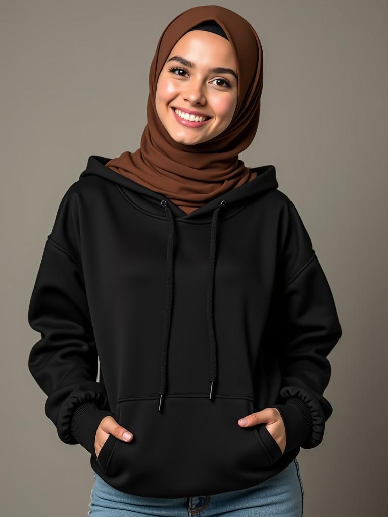 Girl wearing black hoodie and chocolate brown hijab. Light blue jeans. Smiling. Neutral background.