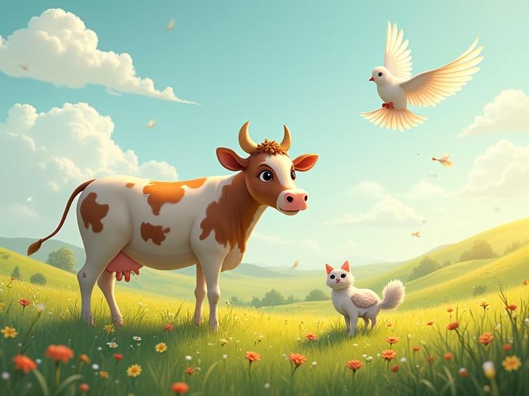 A serene meadow with a happy cow in the foreground accompanied by a cat and a dove flying above. The landscape is vibrant and filled with flowers under a blue sky.