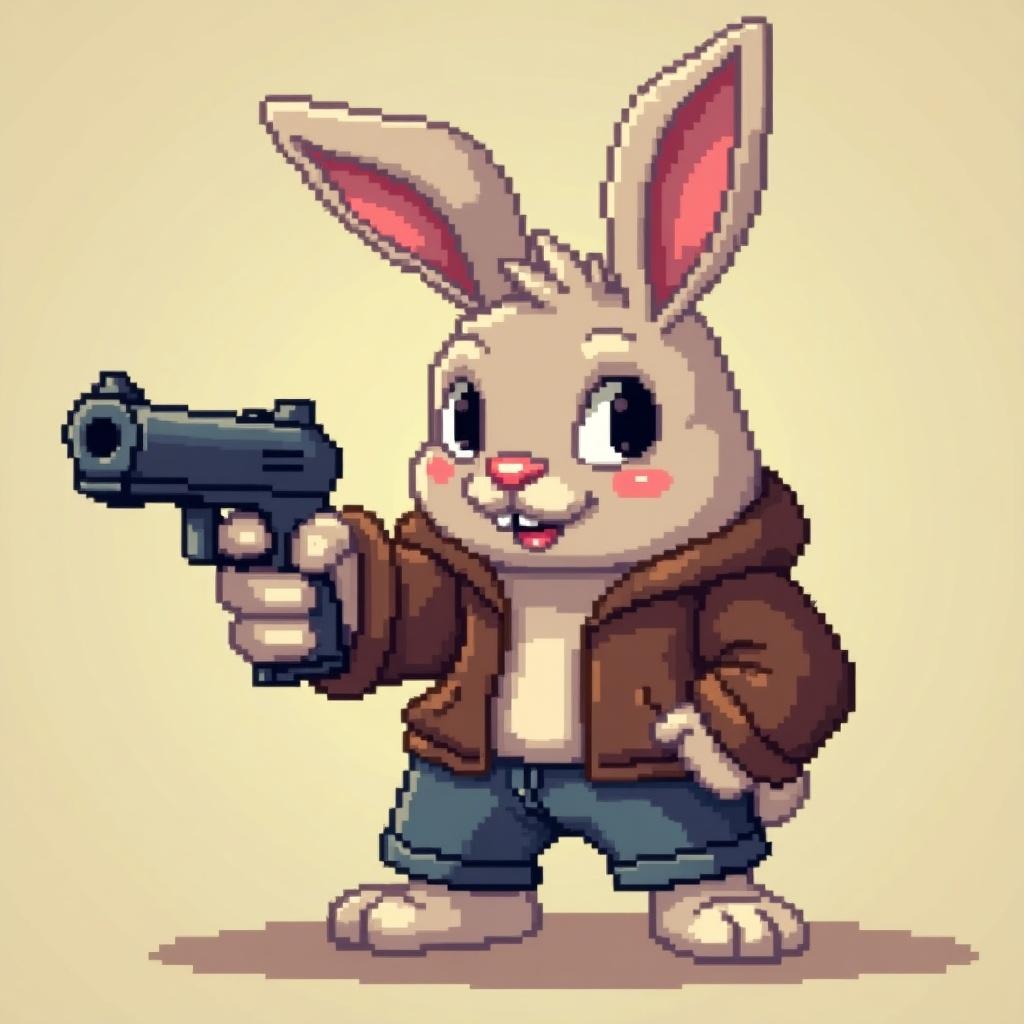 This image features a cartoon rabbit character designed in pixel art style. The rabbit is standing confidently with a playful expression, holding a small gun. It's dressed in a brown jacket and denim shorts, giving it a casual, cool appearance. The background is simple, bringing focus to the character. The pixel art style adds a nostalgic touch reminiscent of classic video games.