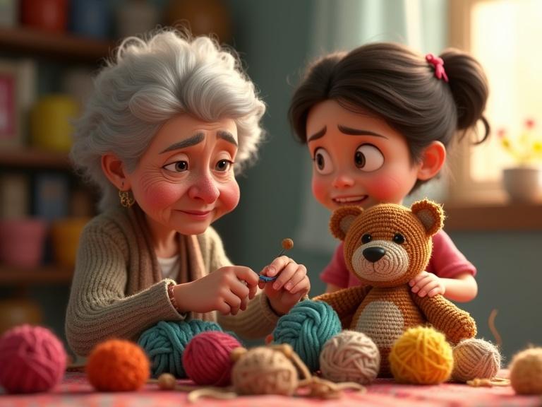 Animated elderly woman stitches teddy bear with yarn. Child watches worriedly. Teddy bear has bandage on head. Various yarn balls scattered around. Pixar animation style.