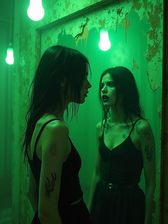 Cinematic hyper-realistic scene with green neon lights. Young woman with tangled black hair stands in mirror-filled room. Green light from a ceiling bulb casts shadows like clawed hands. Reflections show one laughing and another crying. Dystopian city outside window with fog. Textures of sweat dust and rust. Style blends cyberpunk and surreal horror.
