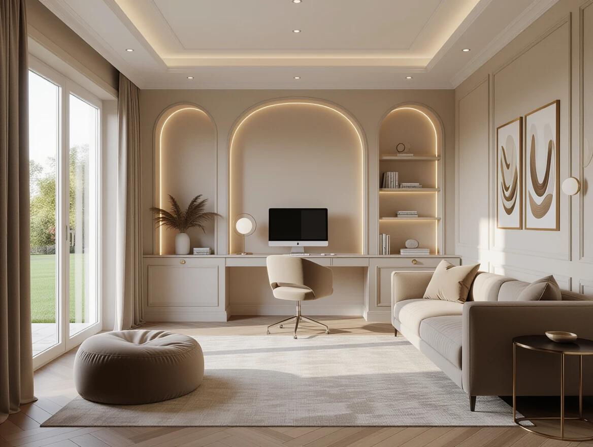 Luxurious ground-floor room designed as a creative retreat. Spacious interior with soft-textured walls and detailed ceiling with LED lighting. Single elegant PC desk setup with monitor. Velvet designer sofa on the right side. Plush bean bag nearby. Warm-toned wood flooring under soft rugs. Large window offering a view of green lawn. Natural sunlight casting reflections into the room. Soft curtains framing the window. Minimal wall decor. Warm ambient lighting from ceiling lights and a floor lamp. Indoor plant beside the sofa. Clean upscale aesthetic and a relaxing atmosphere.