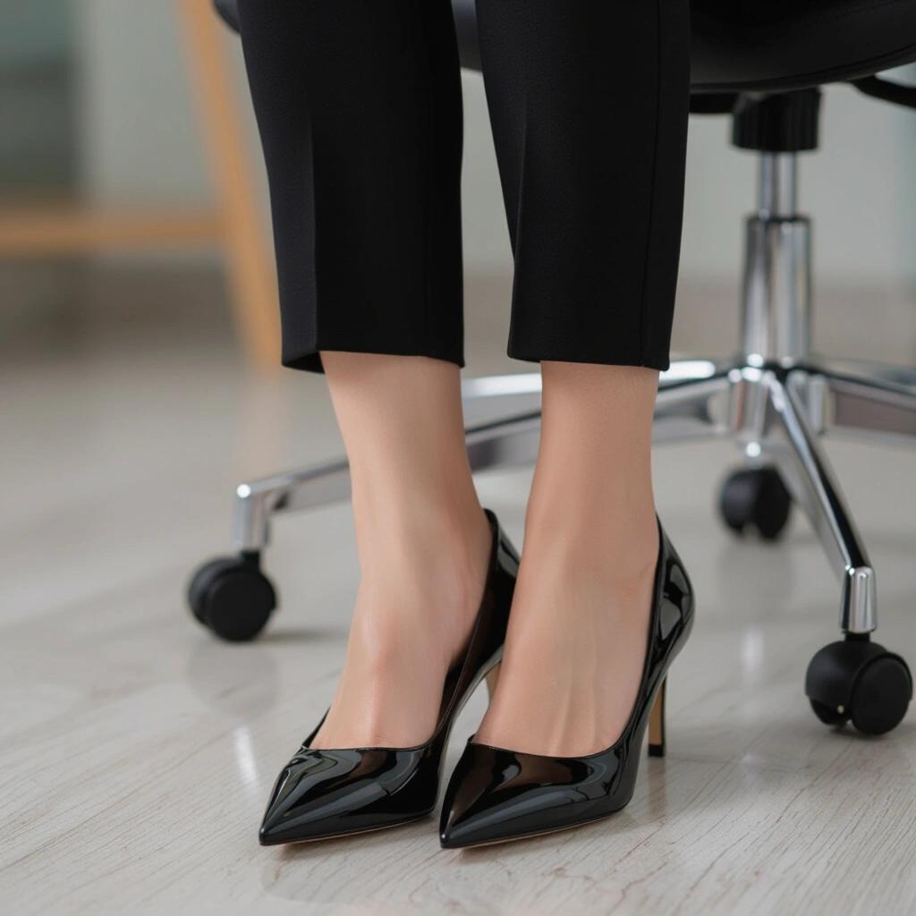 Chinese girl wears black patent pointed flats in an office setting. Toecleavage visible. Clean and modern office background.