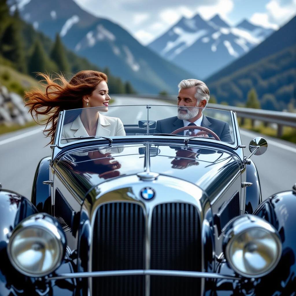 Ultra realistic photograph of a vintage 1937 BMW 328 sports car on a winding mountain road. Woman with dark red long hair driving with wind effect. Man dressed in period suit as passenger. Setting features misty Carpathian mountains and rain droplets on windshield. Focus on gleaming chrome details of the car with headlights cutting through mist. Mood is nostalgic and cinematic.
