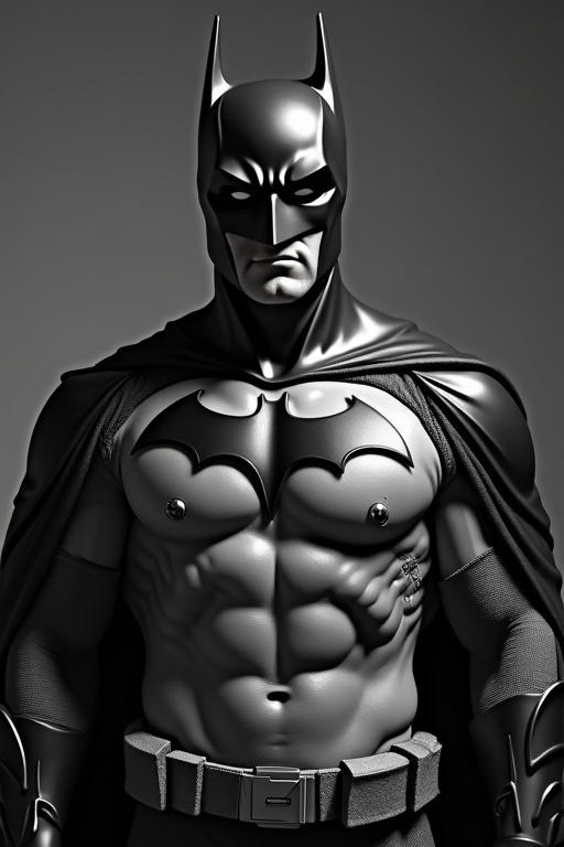 Batman character in close-up view. Helmeted figure with defined muscles. Dark theme.