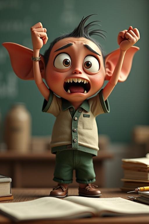 Humanoid creature with oversized eyes and huge ears. Sharp little teeth visible. Standing on a messy desk with fists raised. Wearing a crumpled school uniform. Eyes squeezed shut in frustration. Mouth in a pouty scream. Exaggerated emotional cartoon style.