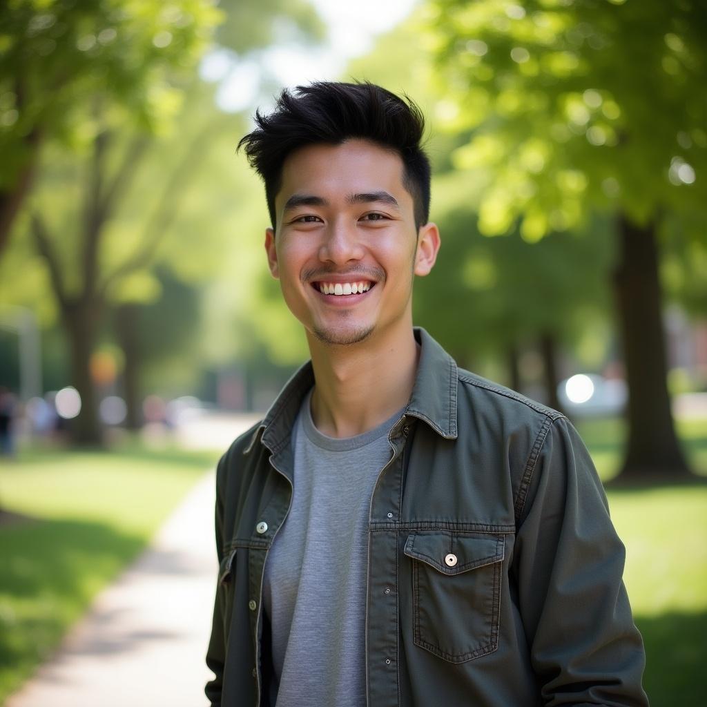 This image features a 24-year-old man outdoors, smiling warmly at the camera. He has a casual style, dressed in a grey t-shirt and an olive green jacket. The background is filled with lush green trees, creating a vibrant atmosphere. The lighting is soft and natural, enhancing his youthful features. This portrait evokes feelings of happiness and positivity, perfect for lifestyle content.