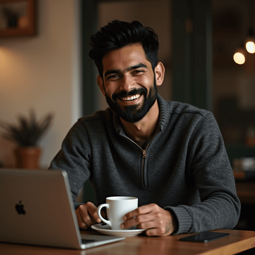 A person is sitting at a table, smiling with a cup in hand, beside a laptop in a cozy setting.