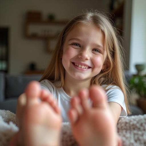 Happy girl smiles while holding her friend's foot. Casual home setting is present. Close-up view emphasizes the feet. Scene is lit naturally. Positive emotions are conveyed.