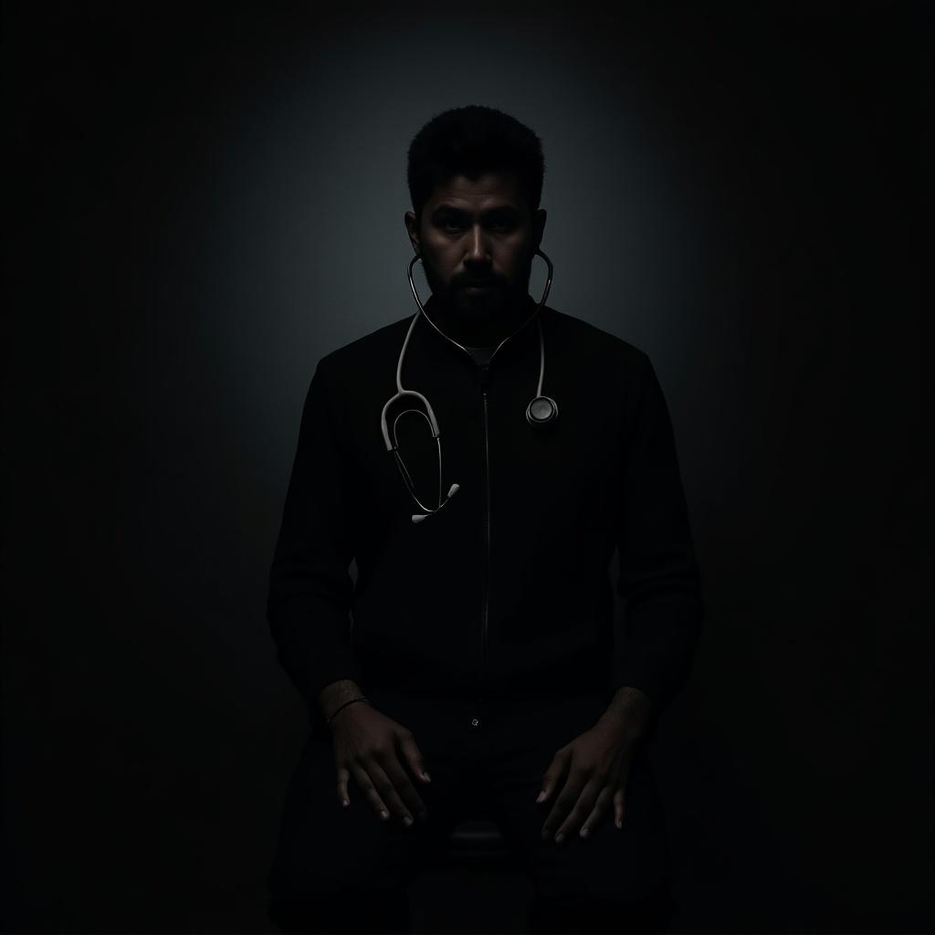 The image features a man sitting in a dark environment, his face obscured by shadows. He wears a stethoscope around his neck, symbolizing his profession in healthcare. The lighting is dramatic, with a soft glow highlighting his silhouette. The dark ambiance creates a mysterious and serious tone. This composition evokes themes of professionalism and dedication in the medical field.