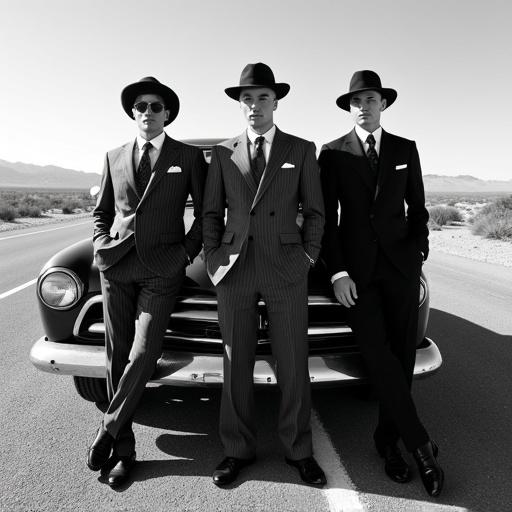 Black and white fashion photograph. Three men in vintage three-piece suits lean against a vintage car. Desolate desert highway in the background. Dramatic shadows and stark monochrome emphasize classic styles. Each suit is impeccably tailored with fedoras and pocket squares. Low camera angle adds to impressive presence.