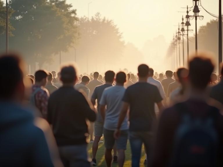 A distant crowd of individuals walking towards a horizon. The scene captures a lively atmosphere with soft light.