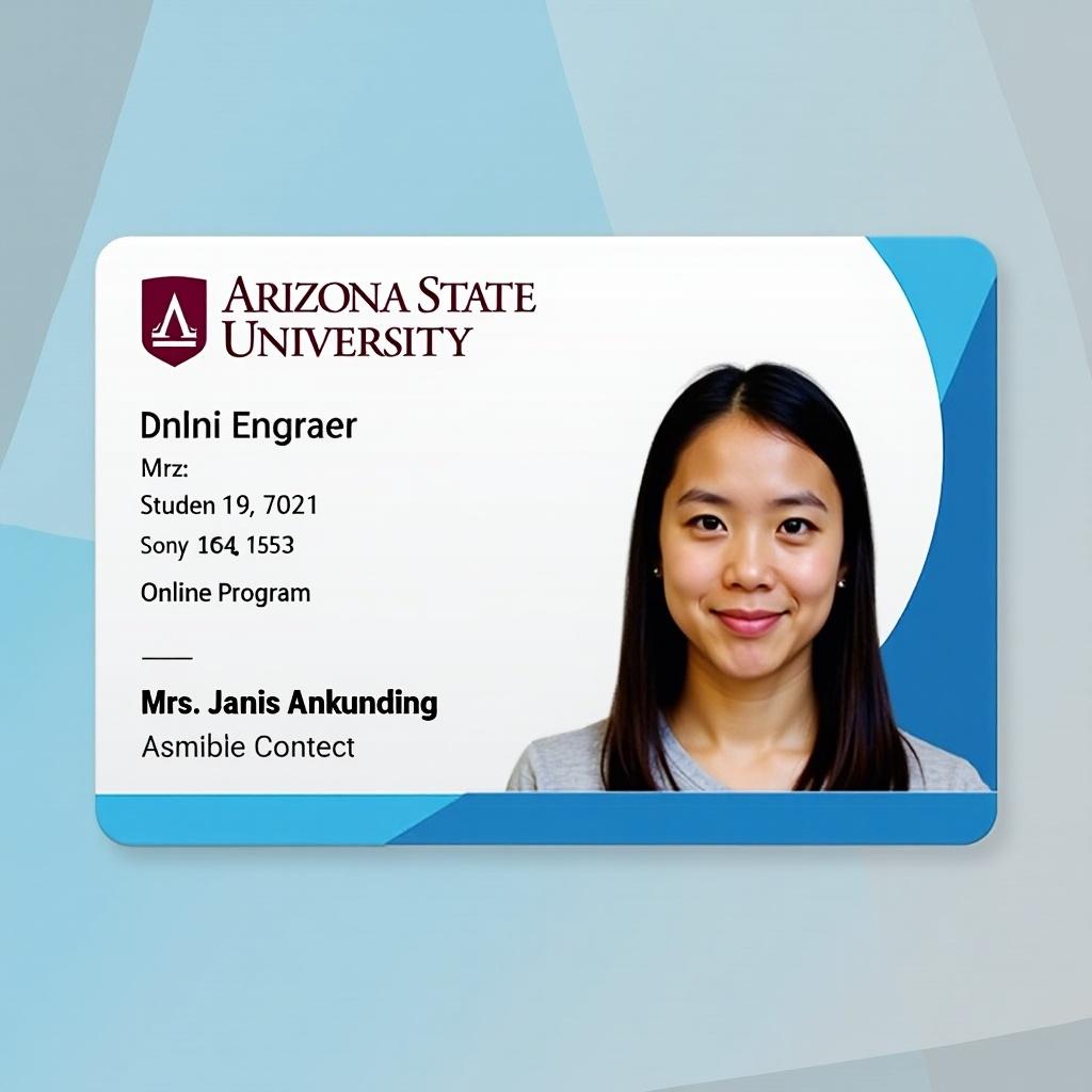 Image of a student ID card for Arizona State University. Features ASU logo at the top left. Includes student ID number and designation of online program. Displays a photograph of a student with a neutral expression. Background is a mix of blue and white.