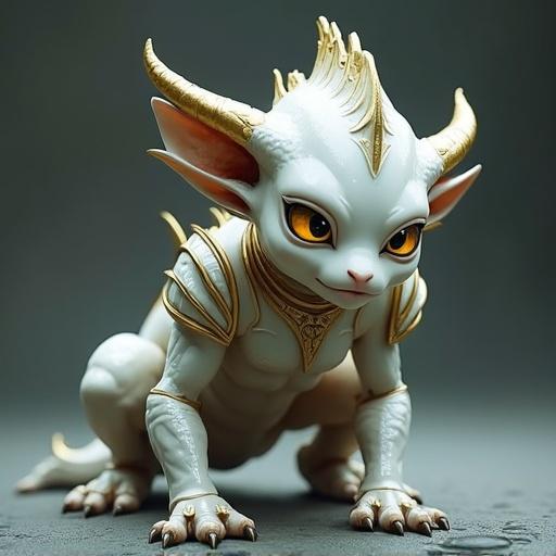 A young humanoid creature crouches in the center. The smooth white body resembles polished armor. Gold accents enhance the design at joints and shoulders. Large pointed horns and glowing yellow eyes create a striking appearance. Expression is neutral yet serious. The pose suggests watchfulness. The dark gray background contrasts with the creature's detail, highlighted by dramatic lighting. The style is highly stylized reminiscent of fantasy gaming.