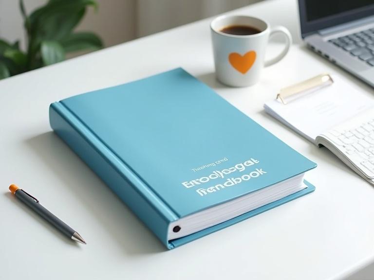 A modern workspace featuring a sleek blue binder labeled ‘The Sharing Shed Employee Handbook’. The binder sits on a white desk with a coffee mug that has an orange heart design. A minimalist pen and neatly stacked papers or a laptop are also present. Clean lines, soft shadows, and a muted color palette showcase a polished look.