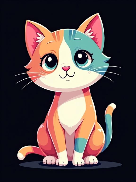 Cute cartoon cat character. Features bright colors like pink, blue, yellow, and green. Clean design with a black background.