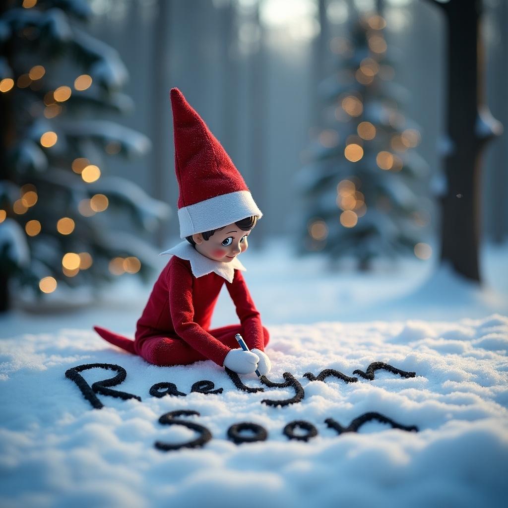 An adorable elf on the shelf is sitting in a winter wonderland, writing a personalized message in the snow. The elf is dressed in a classic red and white outfit, with a pointed hat. Surrounding the elf are softly glowing Christmas lights on nearby trees, adding a magical atmosphere. The snow is fresh and untouched, creating a perfect canvas for the elf's writing. The message reads 'Raelynn See You Soon' in elegant, flowing letters. It's a heartwarming scene that captures the spirit of the holiday season.