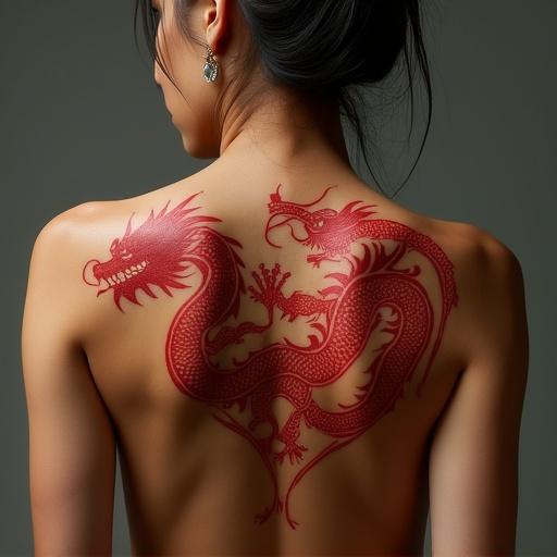 A woman's back features a large red tattoo of a dragon on light brown skin.