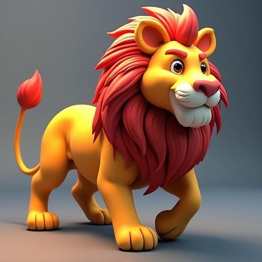 3D cartoon lion with vibrant yellow fur and a thick red mane. The lion stands confidently, showcasing its playful personality in a dynamic pose.