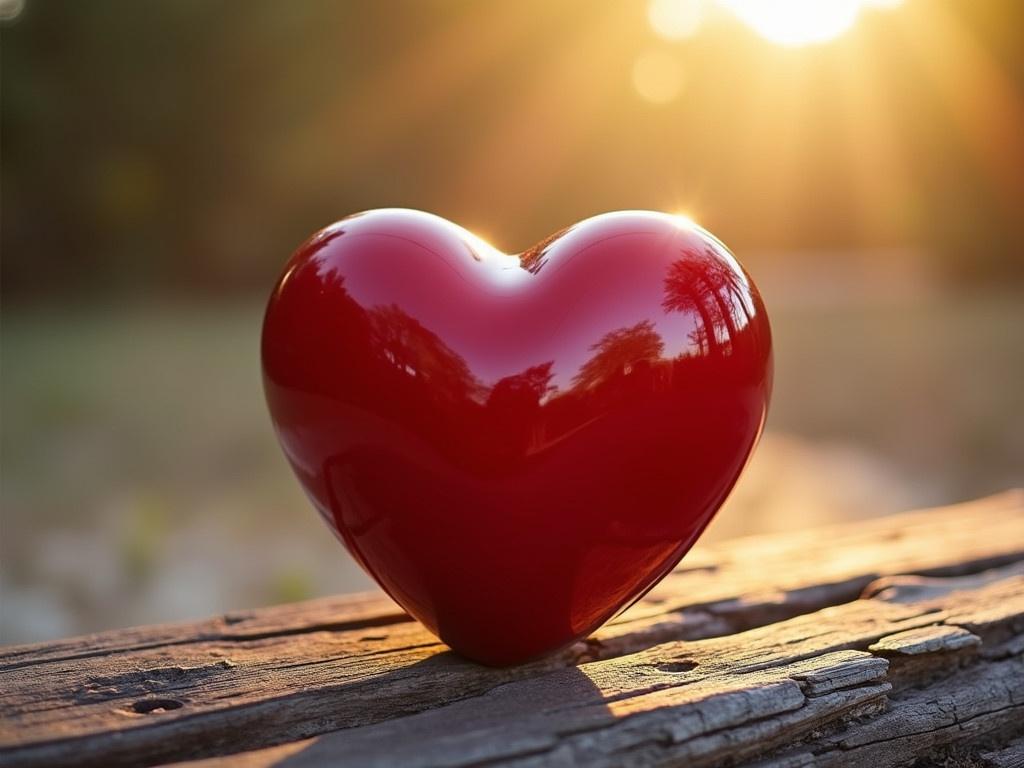 A glossy red ceramic heart sits elegantly on old rustic wood. The heart is shiny and smoothly shaped, contrasting beautifully with the rough, textured surface of the wood. Sunlight reflects off the ceramic, creating highlights on its surface. In the background, a soft gradient of light creates an inviting atmosphere. The colors are rich and warm, enhancing the overall appeal of the scene.