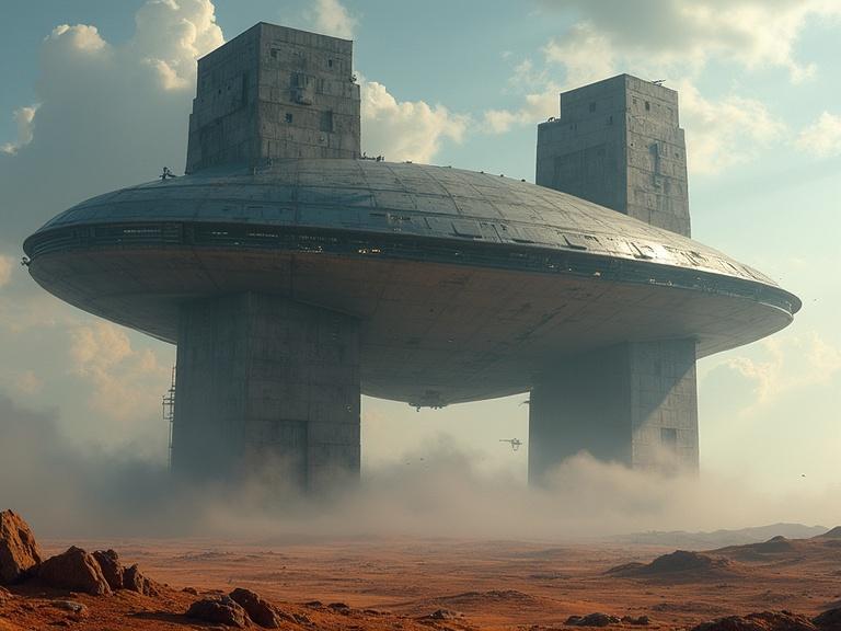 A large sci-fi spaceship shaped like the letter H lands on a planet. The design features realism and detailed shadows.