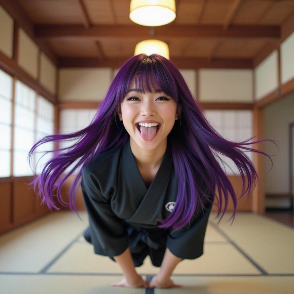 Confident girl with long purple hair plays in a dojo. She floats above the ground and sticks out her tongue. The environment is traditional with wooden elements.