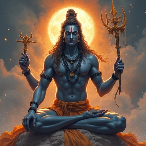 Statue or artistic representation of Lord Shiva, the deity known as Mahadev, seated in a meditative pose, holding a trident and damru, illuminated by a full moon in the background.