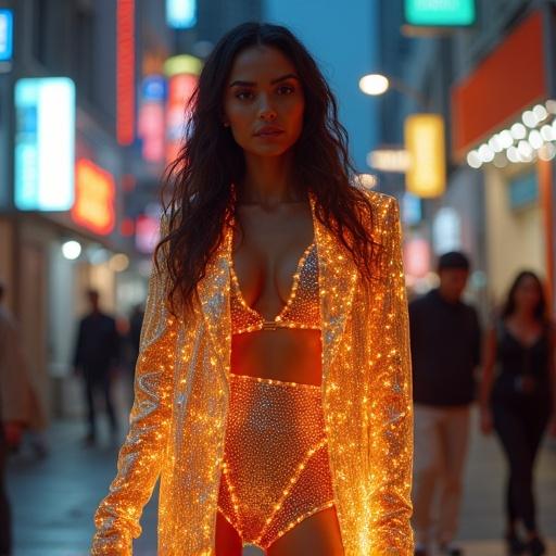 Stylish figure wearing a glowing outfit stands in a chic urban setting. The luxurious attire has opulent and futuristic elements. Scene captures a glamorous fashion moment. Atmosphere is cinematic and dreamlike. Essence of haute couture is showcased.