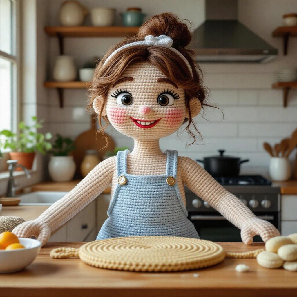 Crochet style doll in a kitchen. Doll has a cheerful expression. Doll's clothes are light blue. Background shows kitchen setting with crochet elements. Doll positioned in front of a round mat. Table has pastries and plants around it.