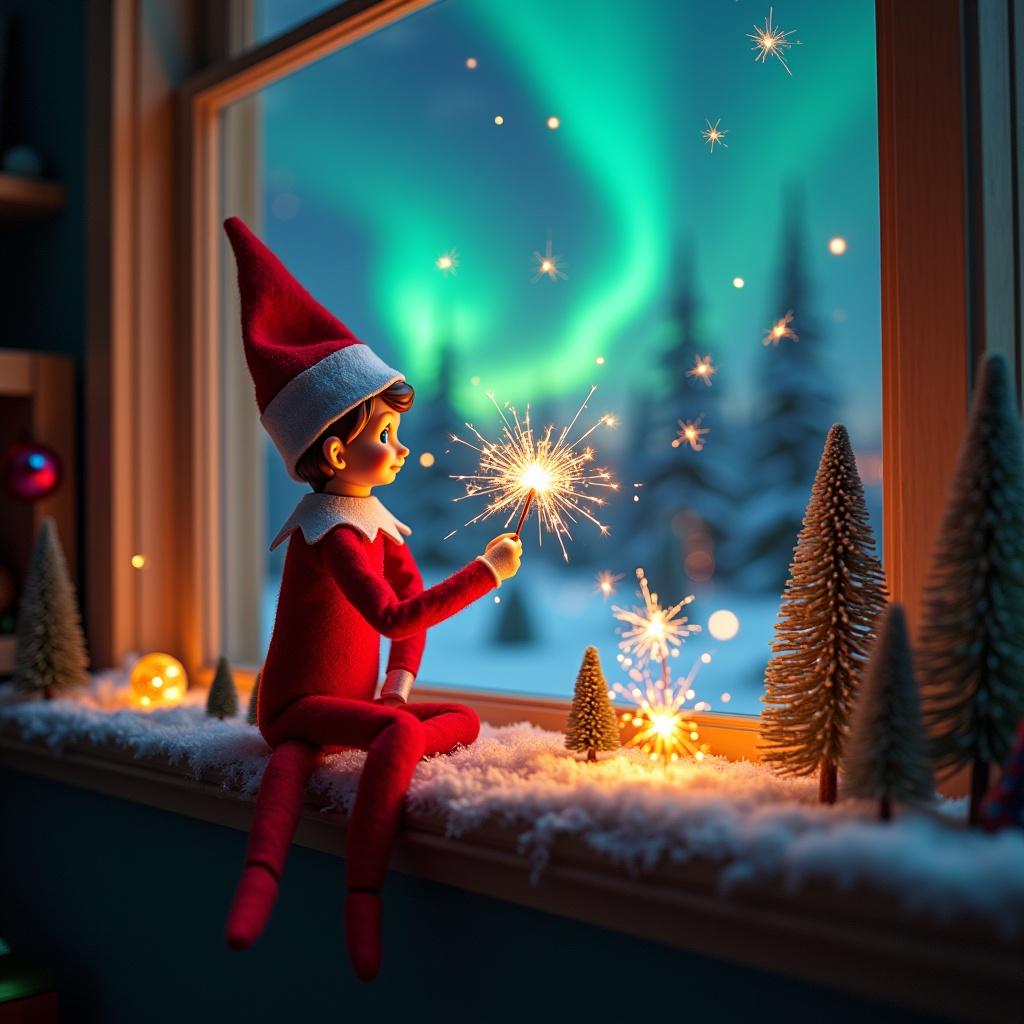 Christmas scene includes elf on shelf. Elf holds sparkler and looks at northern lights. Bright lighting and festive colors create joyful mood. Magical atmosphere evokes excitement and wonder during holiday season.