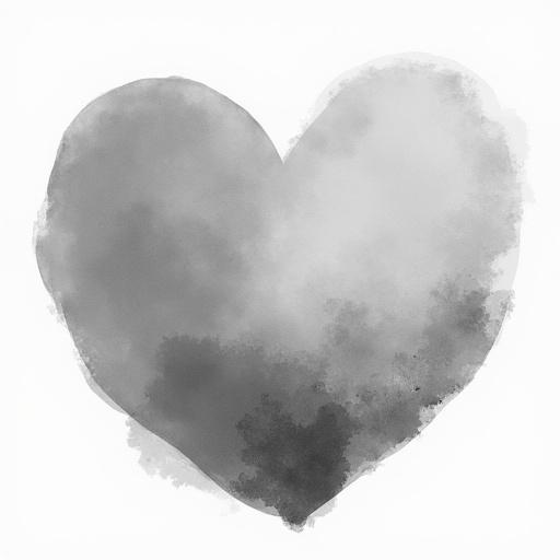 Illustration of a large heart shape made with watercolor technique. The image has a grayscale color scheme with a white background.