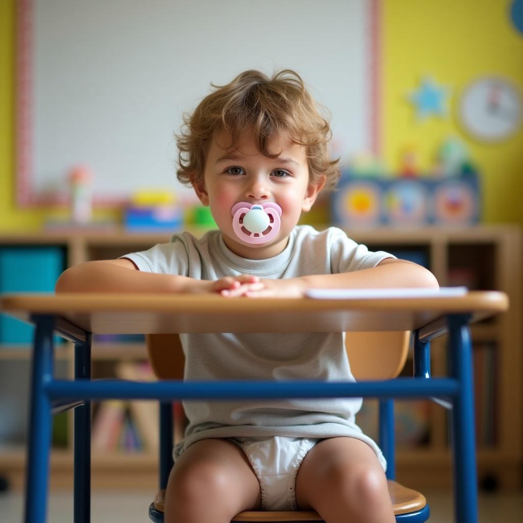 Seven year old boy with light brown hair and pacifier wearing diaper and t-shirt seated in classroom. Boy appears comfortable and engaged in the setting.