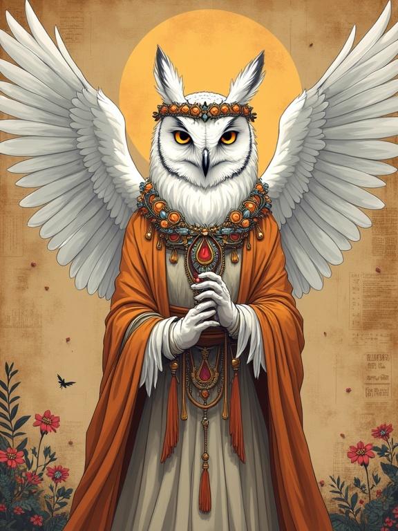 Anime-style digital illustration of a majestic white owl. The owl wears traditional Indian robes with layered patterns and bead necklaces. Wreath of wildflowers adorns the head. Magnificent wings spread wide. Background features ancient papyrus with mystical runes. Soft warm lighting enhances the mystical feel of the scene.
