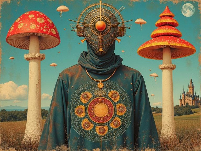 Artwork features a central mystical figure in a robe with circular patterns. The figure wears a geometric mask. Two large mushrooms flank the figure. One mushroom is earthy, the other vibrant. Smaller mushrooms float near the figure's head. Background shows a serene sky and a distant castle. Color palette contains deep blues and bright mushroom colors. Art style is vintage and collage-like. Themes include interconnectedness and spirituality.