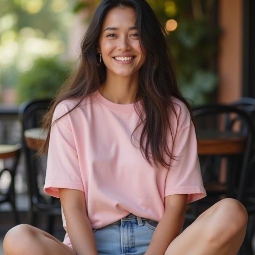 Smiling woman with long wavy hair wearing light pink oversized T-shirt sitting cross-legged on café patio. Background softly blurred, relaxed setting, light denim shorts, emphasis on cozy lifestyle vibes.