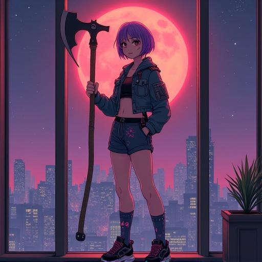 Young woman with short violet hair and slim muscular body holding a fire-axe. She wears a crop cargo jacket with straps, sport shorts with anime print, and high platform sneakers. Character poses with a sinister smile in front of a wall-sized window showcasing a city at night and a blood-red moon.