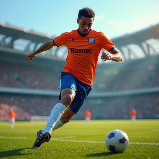Capture dynamic soccer action with a focus on athlete in motion. Highlight physicality and athleticism using hyper-realistic style. Set in vibrant stadium atmosphere with bright natural lighting. Emphasize sharpness, clarity, and depth of field for dramatic effect.