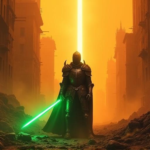 A lone armored knight stands in a devastated city. The city is orange-lit with ruins in perspective behind the knight. The knight holds a green-glowing blade. A dramatic glow illuminates the scene. The style is sci-fantasy with realistic elements.