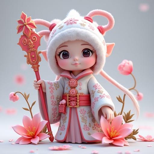 3D Chibi style character inspired by Sun Wukong. Character with unique features and traditional clothing holding a staff. Surrounded by flowers.