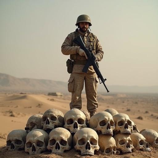 Image of an army general standing on a pile of skulls. Background features a cloudy sky. Surrounded by symbolism representing conflict and mortality.