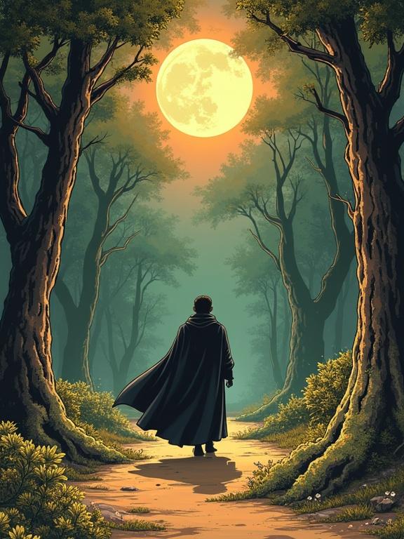 A cloaked figure stands on a forest path under a large moon. The scene captures a mystical and adventurous atmosphere. The art style is reminiscent of 1920s vintage cartoons with an ukiyo-e influence.