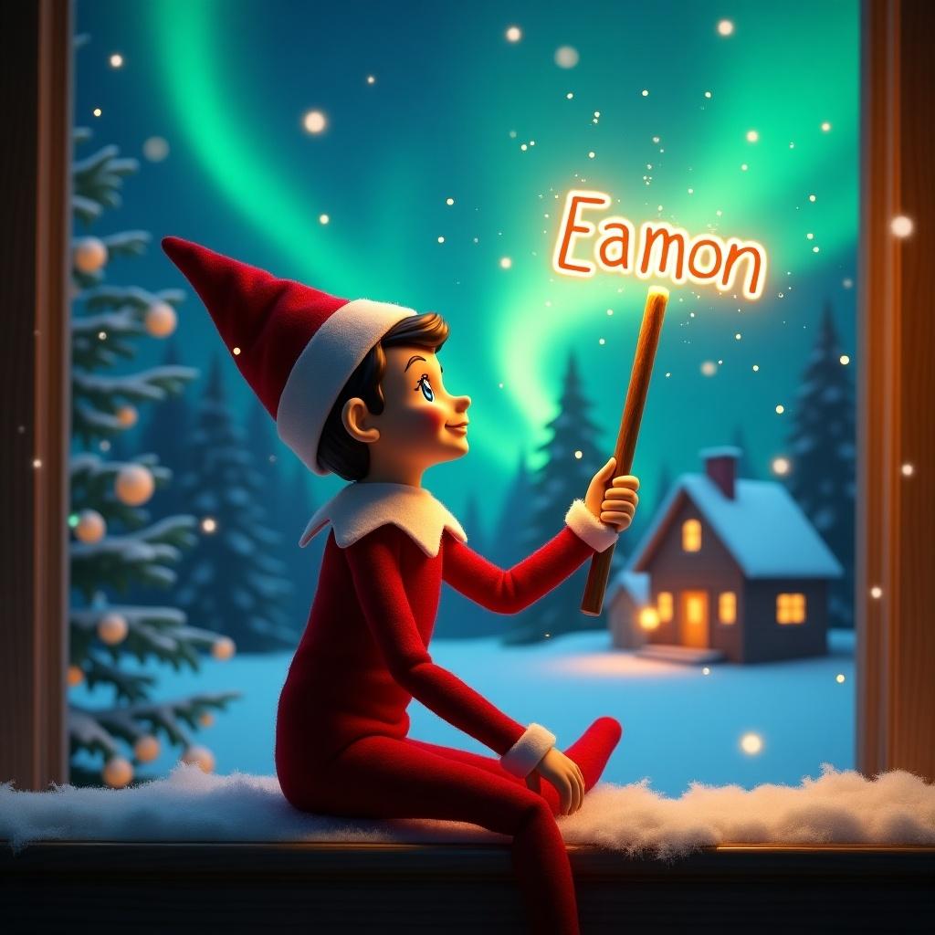 An elf on the shelf sits with its back to the viewer. The elf gazes skyward while holding a glowing wand. A charming Christmas scene is shown with colorful northern lights. A cozy house can be seen in the distance. Snow is on the ground. The elf embodies magic and wonder of Christmas. The name ‘Eamon’ appears in the air from the wand.