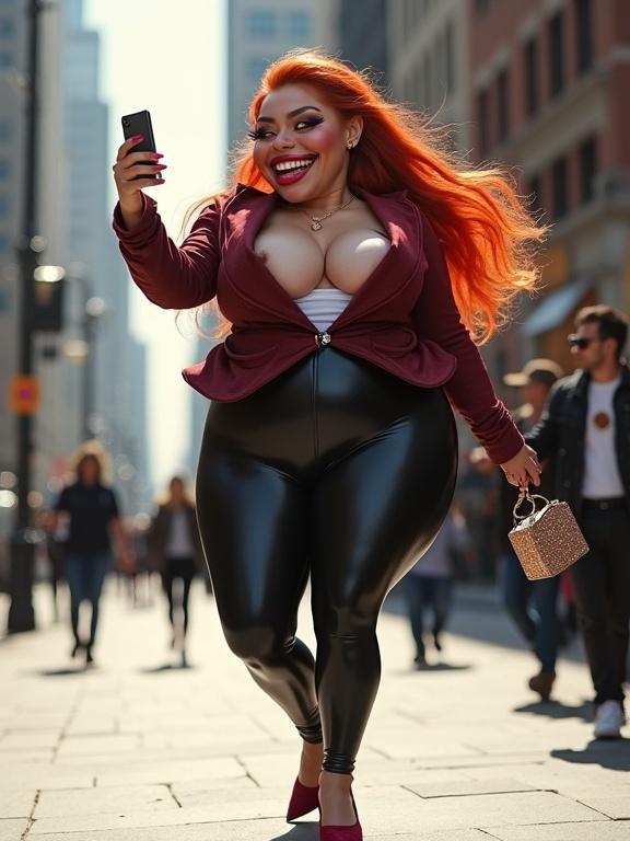 Hyper-realistic caricature of a woman with exaggerated features walking on a city street. Woman has oversized lips, clown-like makeup, large hips and buttocks, wearing shiny black leggings. She holds a smartphone, taking a selfie with a confident expression. Unusual posture and look, with eye-catching nails and high heels. Bright sunlight illuminates the scene.