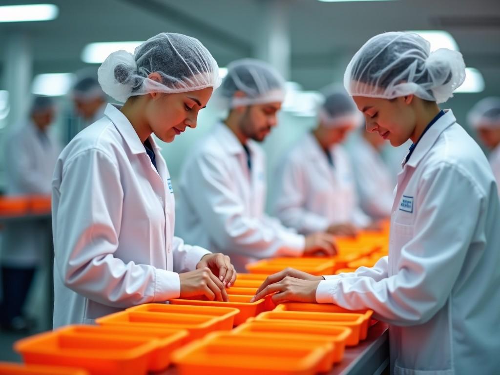 The image shows a modern food manufacturing facility. Workers are dressed in white lab coats and hairnets. Each worker focuses on organizing orange containers on the assembly line. The environment is bright and clean, emphasizing hygiene practices. The scene reflects professionalism and precision in food handling, showcasing teamwork and quality control in action.