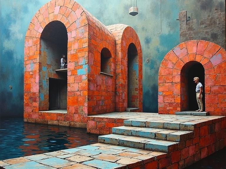 Contradictory architecture combining chrome and melting clay bricks. Surreal avatars in fragmented light with color burns, optical illusions, and watercolor effects. Heavy textures and impasto paint layers.