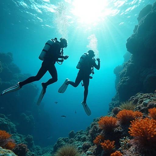 Photorealistic image showing scuba divers in diving suits with dive equipment exploring an ocean scene. Bright rays of light penetrate through water illuminating coral reefs. Colorful and healthy corals are visible. Scene is immersive and breathtaking. View captured from a wide angle below the divers. Movements of particles enhance color and depth perception.