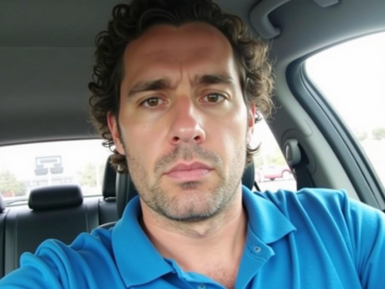 The image shows a person taking a selfie inside a car. They are wearing a blue polo shirt and have curly hair. The expression on their face is serious. The background appears to be the interior of a vehicle, and there is natural light coming in. The person is centered in the frame, with their head and shoulders visible.